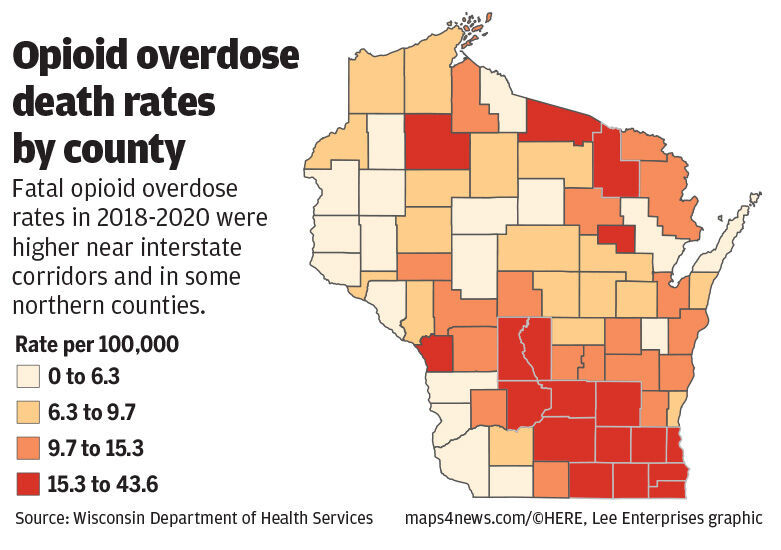 Wisconsin opioid overdose death rates by county